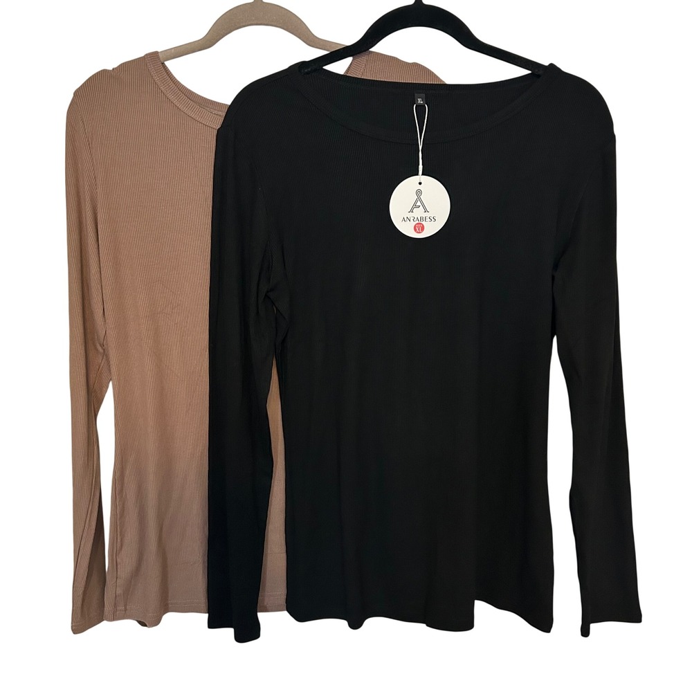 Long Sleeve Ribbed Crew Neck Top Set of Two‎ Black & Nude Size XL NWT